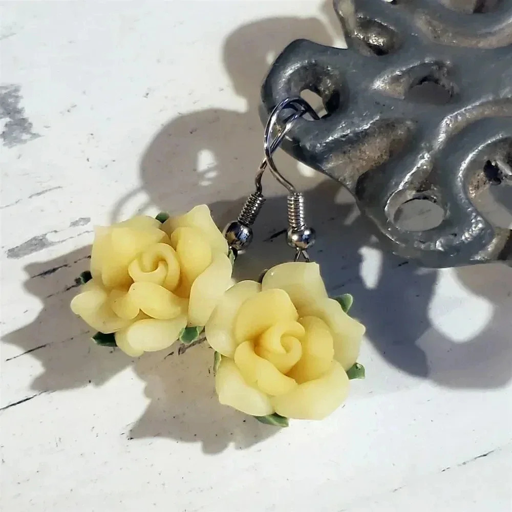 Handcrafted Fimo Polymer Clay Yellow Rose Flower Bead Dangle Earrings